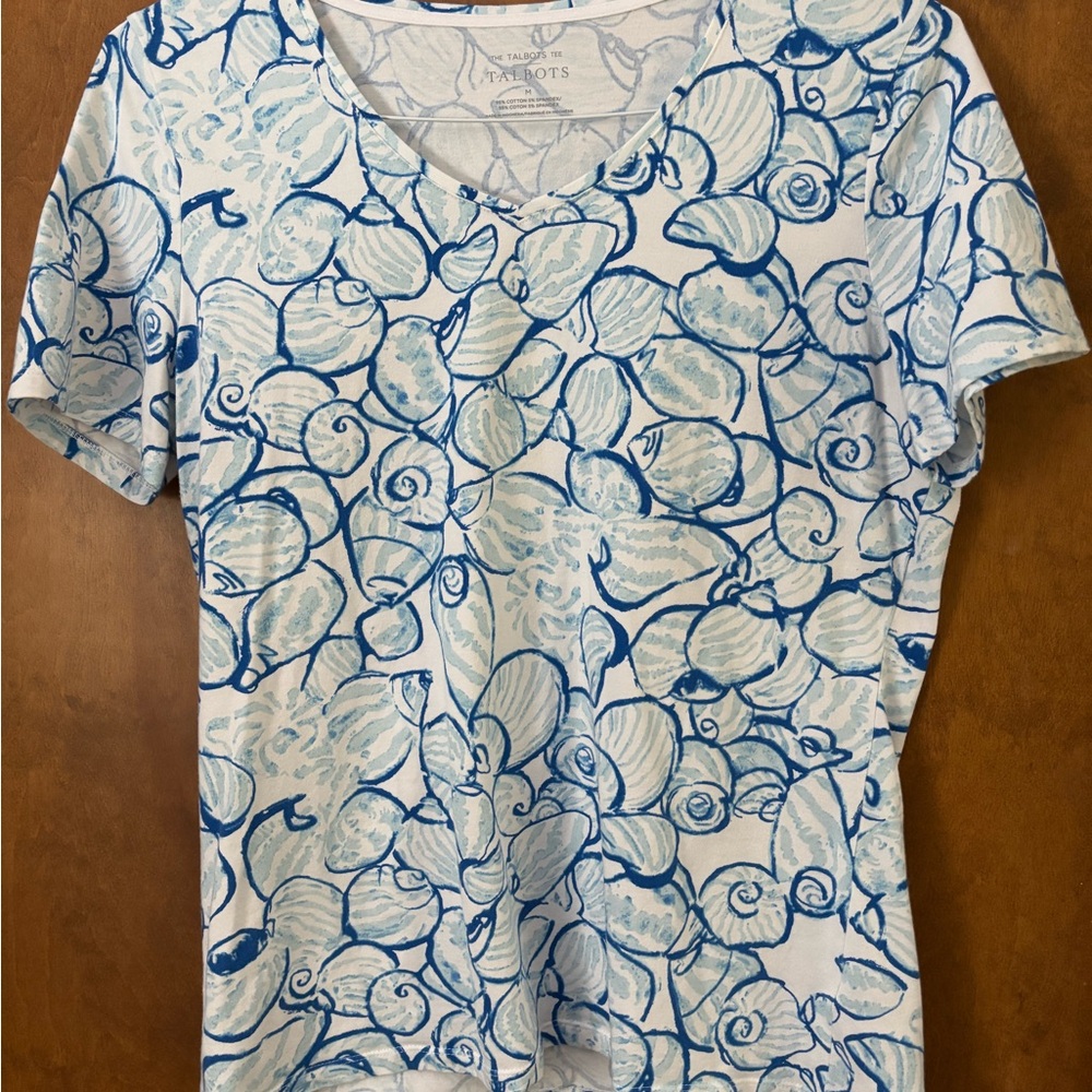 Talbots Blue and White Seashell Print Short Sleeve Top